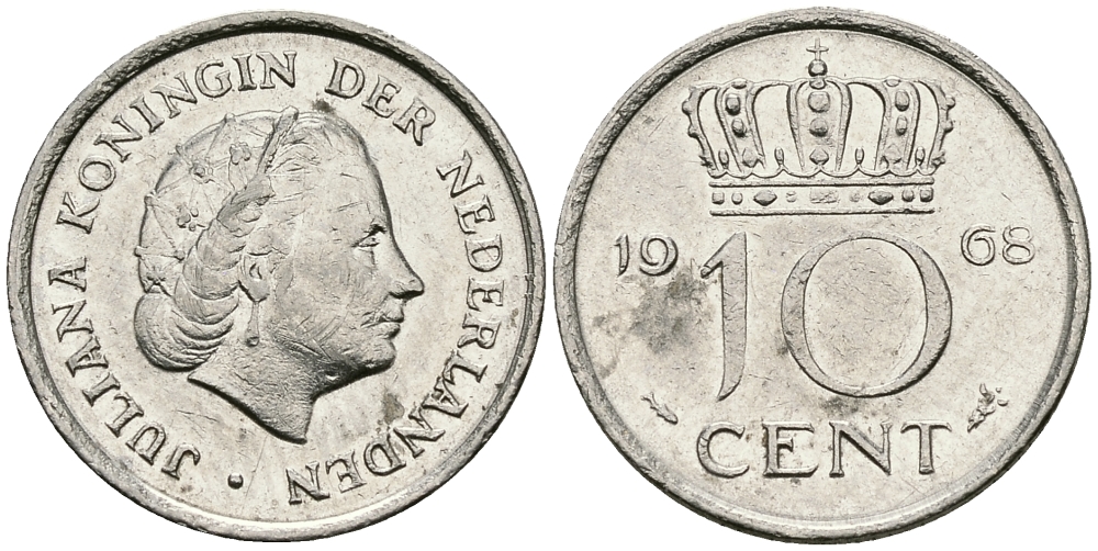 НИДЕРЛАНДЫ 10 ЦЕНТОВ 1968 ЮЛИАНА KM 182 никель 96-431