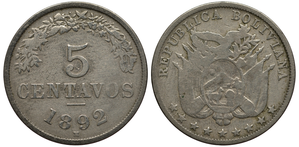 Боливия 5 сентаво 1892 H KM 171 медно-никель 272-433