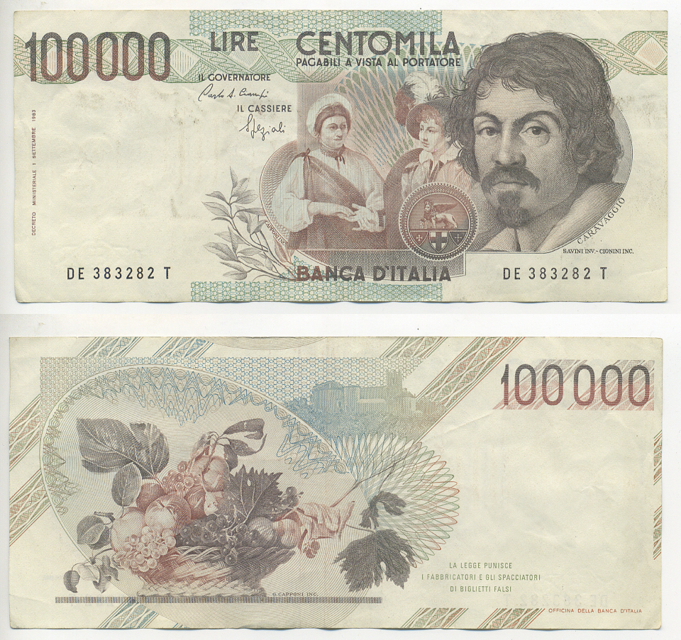 Италия 100000 лир 1983 Караваджо, фруктовый букет, подпись Speziali Pick 110b бумага 7220-21-2