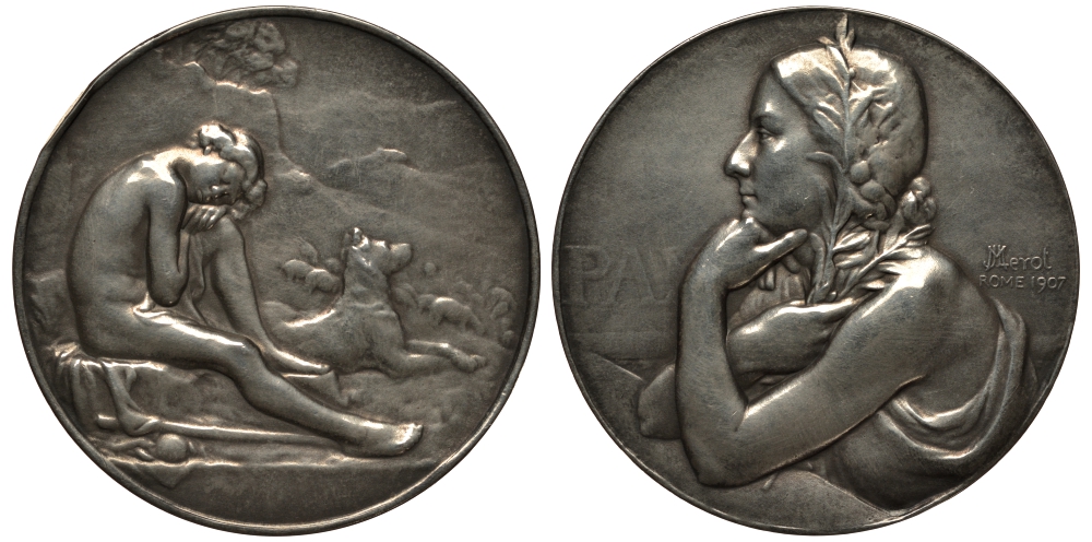 Франция медаль 1907 на мир, молодая женщина, в правой руке держит оливковую ветвь, медальер Ж.-Л. Мерот, диаметр 63 мм, вес 129,8 г CGMP p.253; BDM VIII, 56; cf. DNW 188, 791 серебро    10-006-07