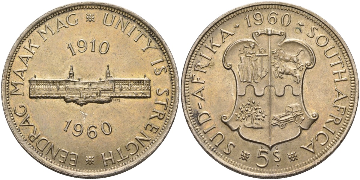 ЮАР 5 шиллингов 1960 50 лет Южноафриканскому союзу KM 55 серебро UNC 4578-311