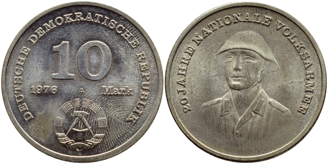 ГДР 10 марок 1976 А, 20 лет национальной народной армии KM 61, J. 1560 медно-никель UNC 4379-133