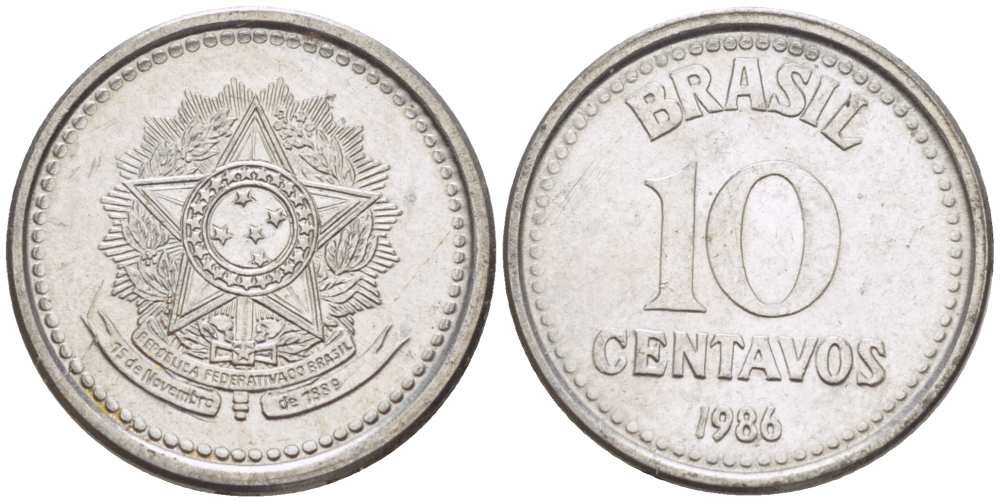 БРАЗИЛИЯ 10 СЕНТАВО 1986 РЕФОРМА 1986-1989 KM 602 нержавеющая сталь 100-117