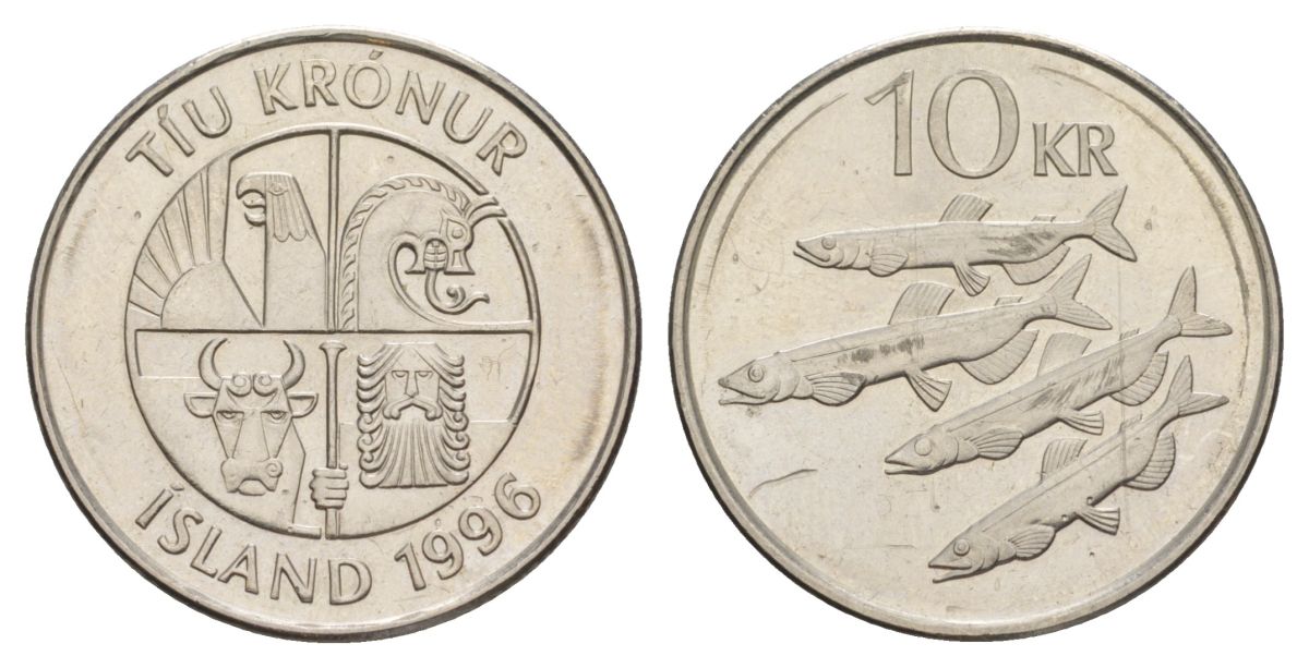 Исландия 10 крон 1996 рыбы KM 29.1a сталь плакированная никелем UNC 4635-143
