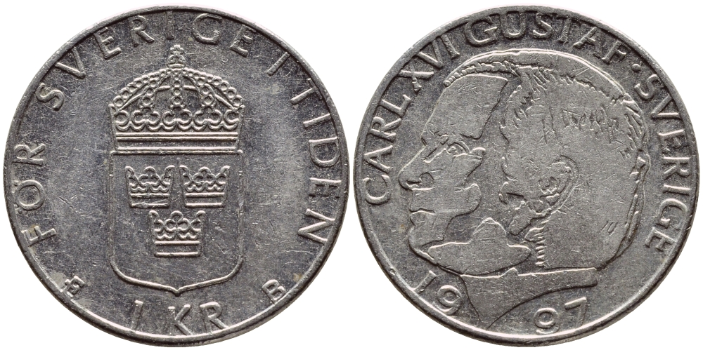 Швеция 1 крона 1997 Карл XVI Густав (1973- ) KM 852a медно-никель 4382-1156