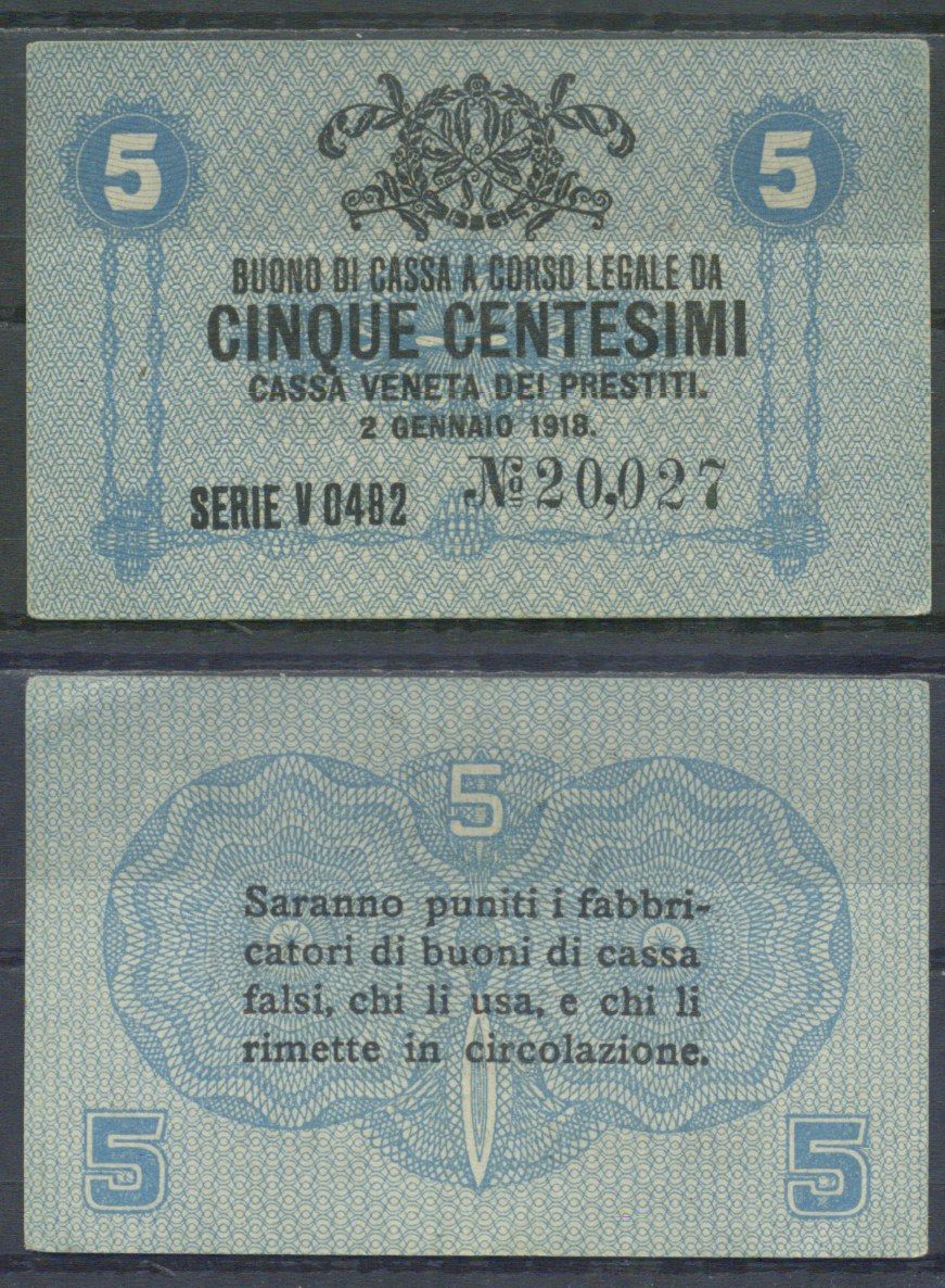 Италия 5 чентезимо 1918 	Венецианский ссудный банк Pick M1 бумага 7554-12-3-1