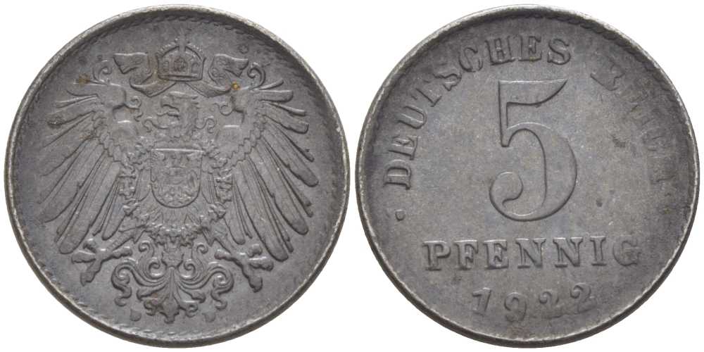 ГЕРМАНИЯ 5 ПФЕННИГОВ 1922 D KM 19, J. 297, Weege 5 железо 206-754