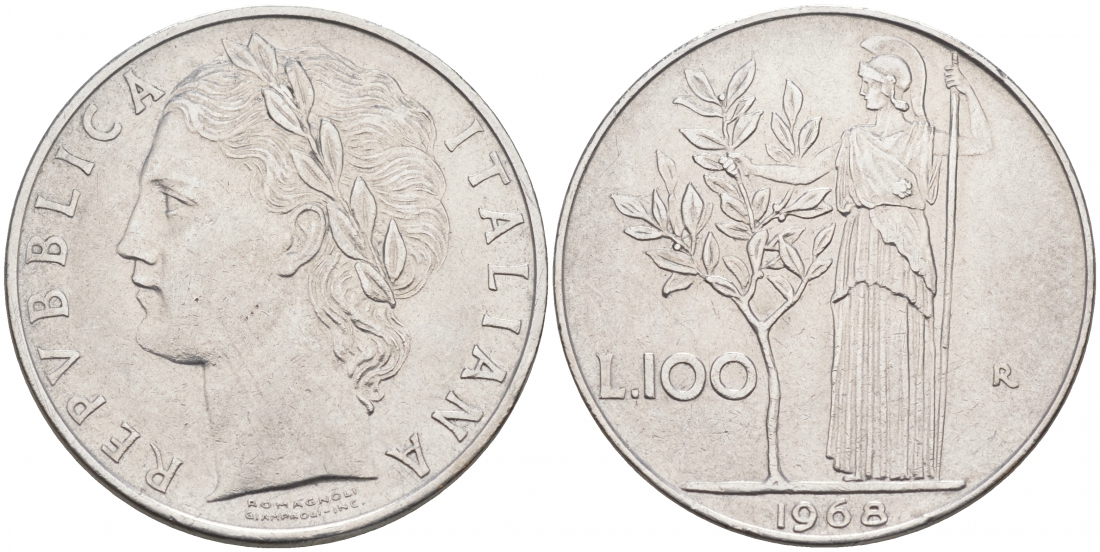 ИТАЛИЯ 100 ЛИР 1968 R АФИНА KM 96.1 сталь 3855-746