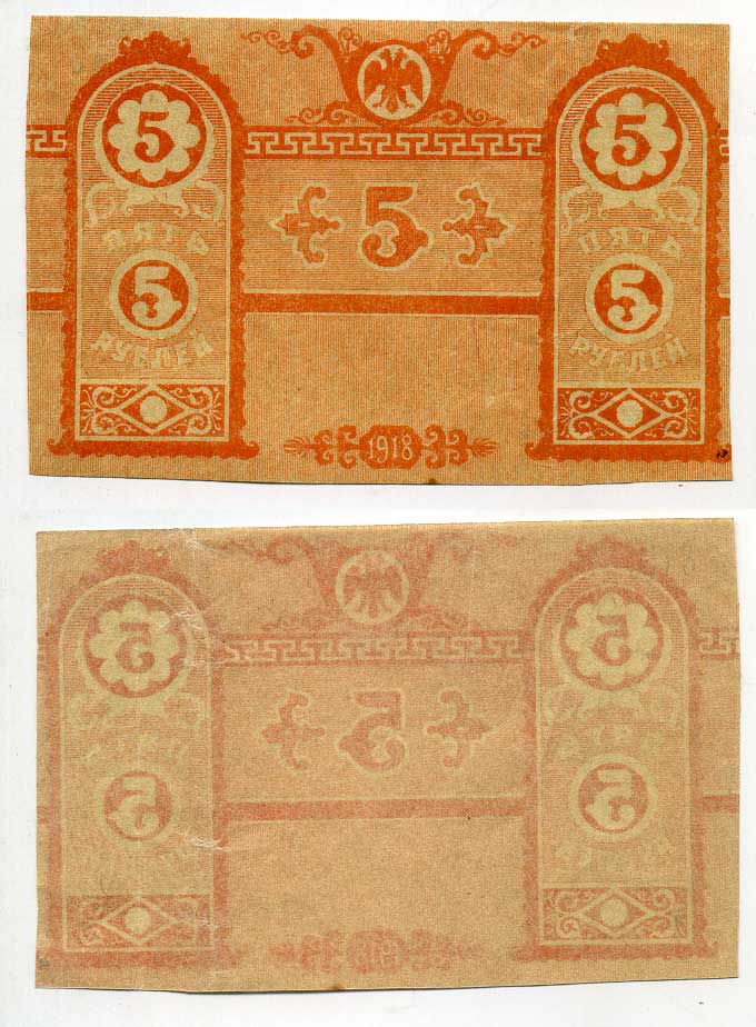 Крымское Краевое Казначейство 5 рублей 1918 Денежный знак. (выпуск Краевого правительства), односторонняя недопечатка Pick S 370, Кардаков К6.1.5 бумага 437-37-3-2