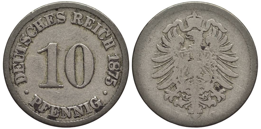 ГЕРМАНИЯ 10 ПФЕННИГОВ 1875 B, СТАРОГЕРБОВКА KM 4, Jager 4, Weege 7 медно-никель 4546-1122