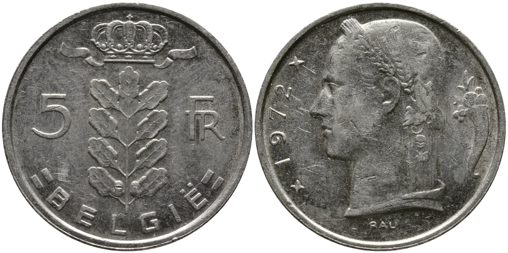 Бельгия 5 франков 1972 Belgie, Бодуэн I (1951-1993) KM 135.1 медно-никель 98-555