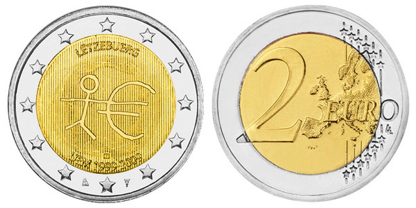 Люксембург 2 евро 2009 10 лет монетарной политики ЕС (EMU) и введения евро KM 107 биметалл UNC M44-15