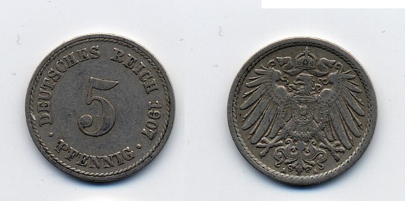 ГЕРМАНИЯ 5 ПФЕННИГОВ 1907 A, KM 11, J. 12 медно-никель 84-957