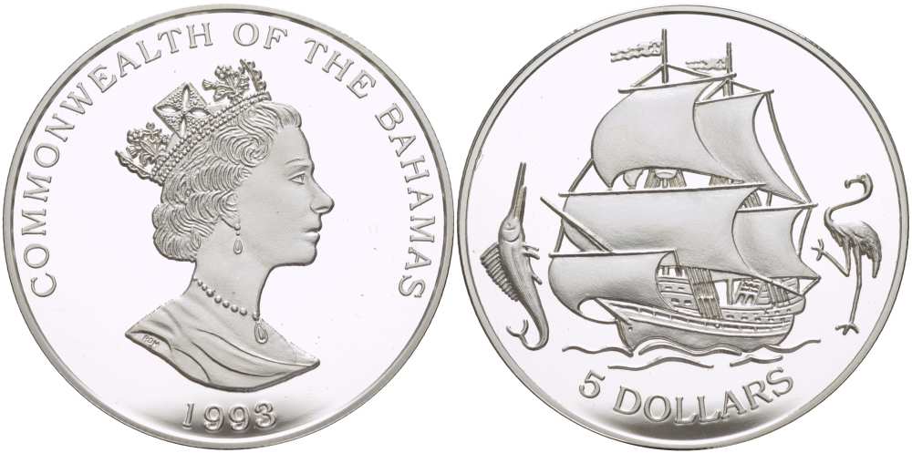 Багамские острова 5 долларов 1993 парусник, фламинго, марлин KM 170 серебро PROOF 1074-3-23