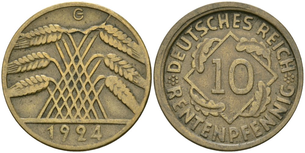 Германия 10 рентенпфеннигов 1924 J KM 33, J.309, Weege 8 алюминиевая бронза 4576-152