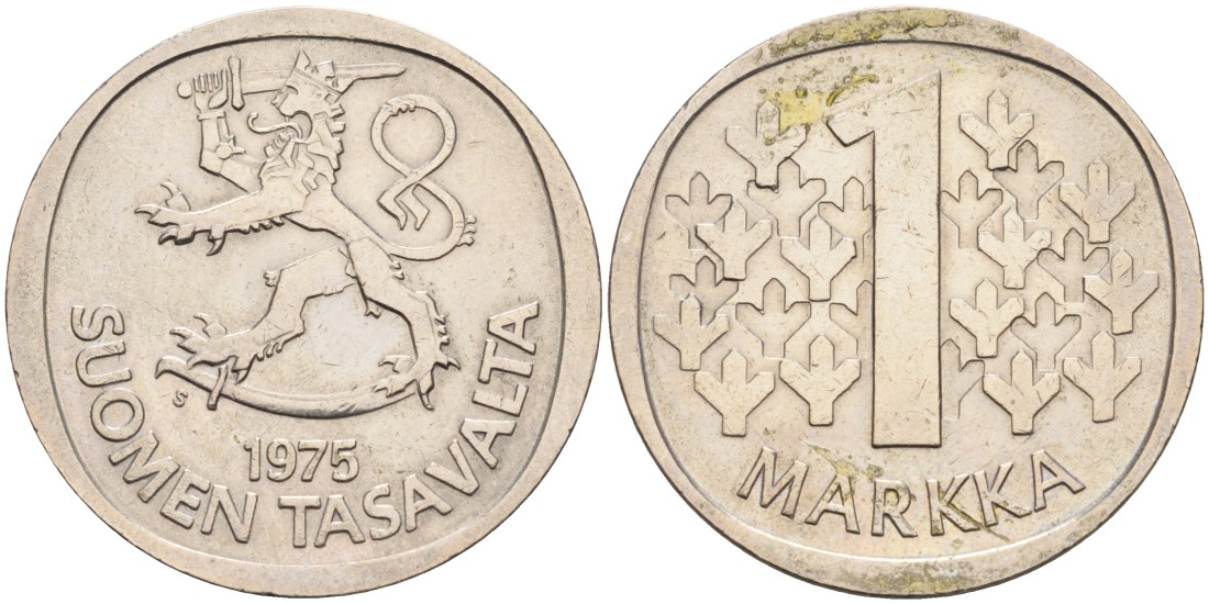 ФИНЛЯНДИЯ 1 МАРКА 1975 S KM 49a медно-никель 4563-517