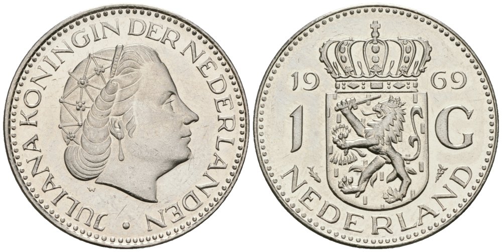 Нидерланды 1 гульден 1969 Юлиана (1948-1980) KM 184a никель UNC 4579-534