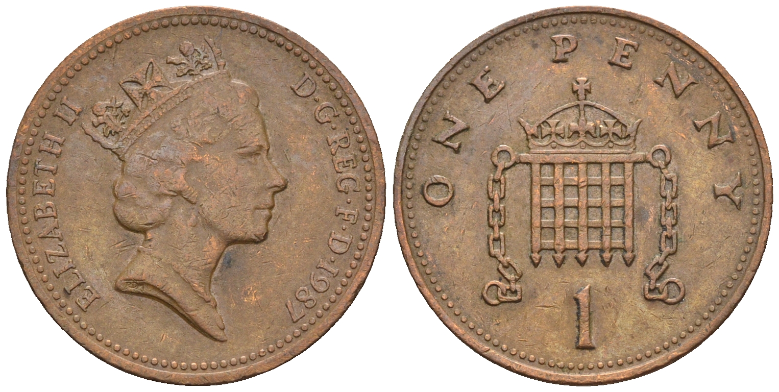 Великобритания 1 пенни 1987 Елизавета II (1952-2022) КМ 935, Spink 4381 (B3) бронза 4609-522