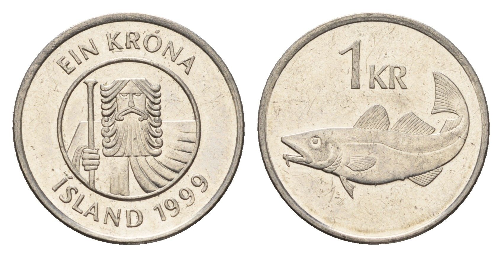 Исландия 1 крона 1999 треска KM 27a сталь плакированная никелем UNC 4674-645