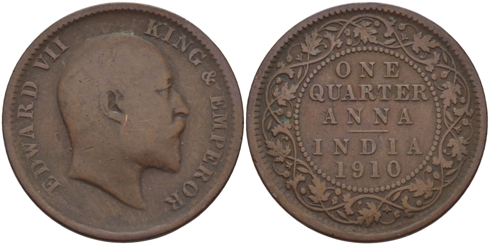 Британская Индия 1/4 анна 1910 Эдуард VII (1901-1910) KM 502 бронза 28-525
