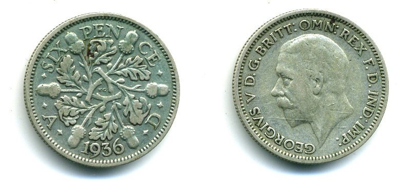 Великобритания 6 пенсов 1936 Георг V (1910-1936) KM 832, Spink 4041 серебро 89-1543