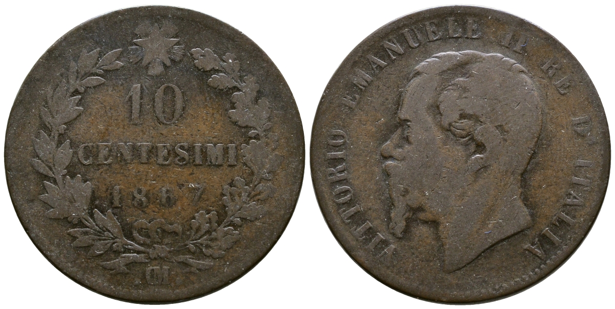 Италия 10 чентезимо 1867 OM, Виктор Эммануил II (1861-1878) KM 11.5 медь 4381-135