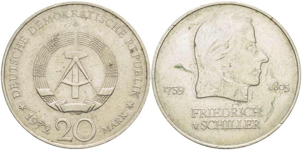 ГДР 20 марок 1972 А, Фридрих Шиллер (1759-1805) KM 40 медно-никель 4521-636