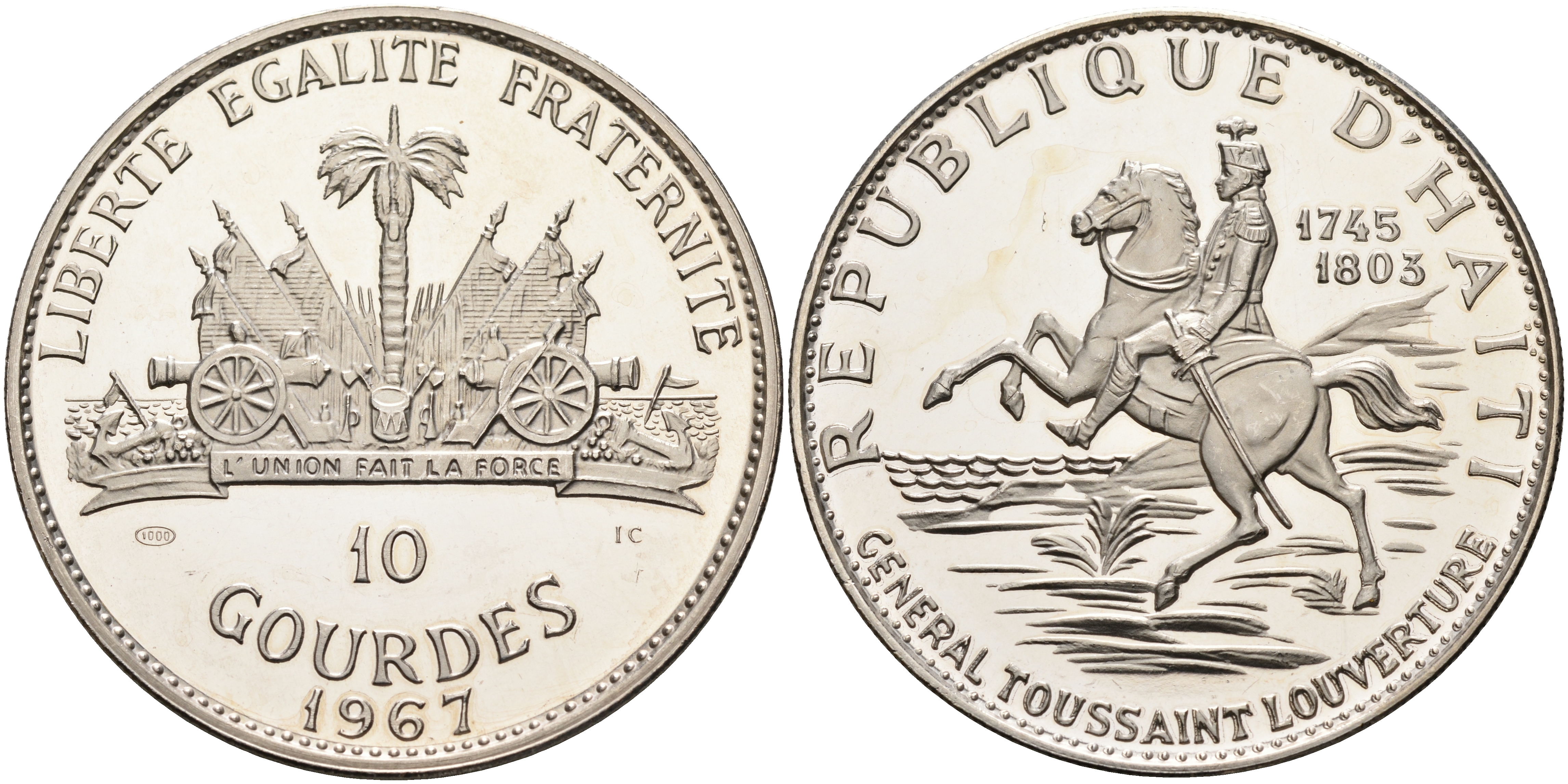 Гаити 10 гурдов 1967 10 лет революции, Генерал Туссен Лувертюр KM 65.1 серебро PROOF 1069-3-43