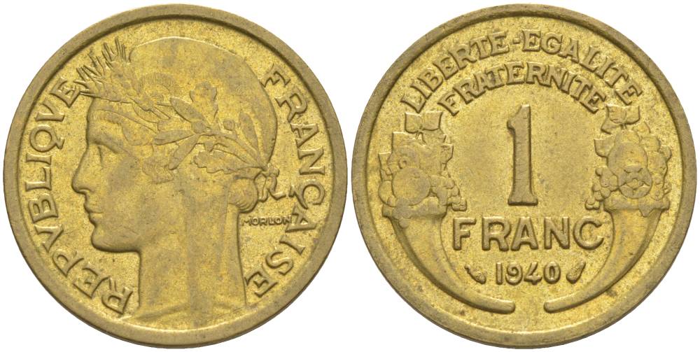 Франция 1 франк 1940 тип Морлон KM 885, LE FRANC 219.11 алюминиевая бронза 3853-216