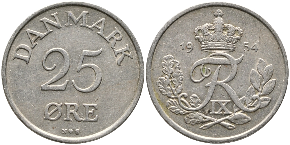 Дания 25 эре 1954 N; S, Фредерик IX (1947-1972) KM 842.1 медно-никель 28-1116