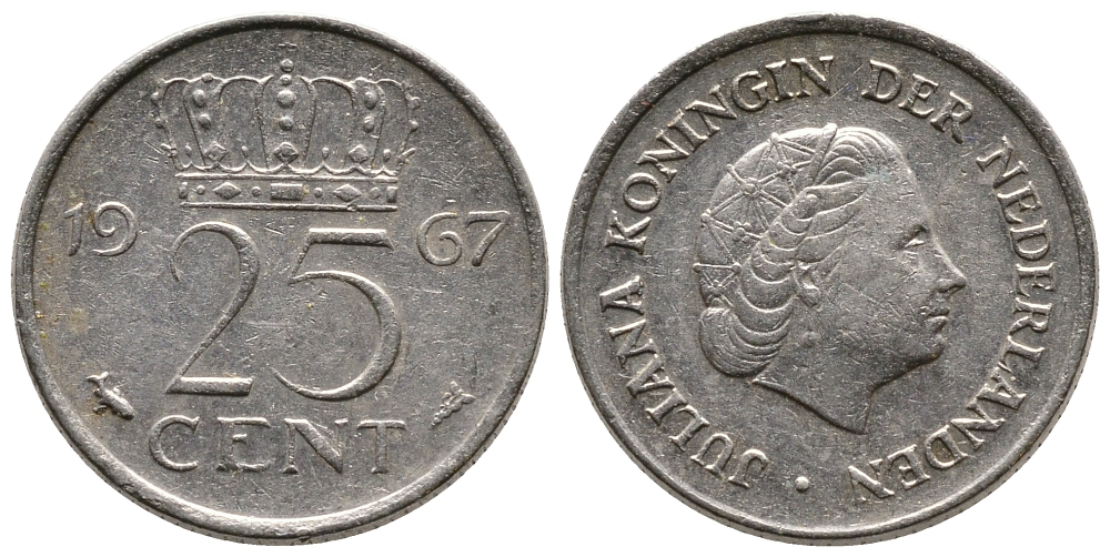 НИДЕРЛАНДЫ 25 ЦЕНТОВ 1967 ЮЛИАНА KM 183 никель 75-1154