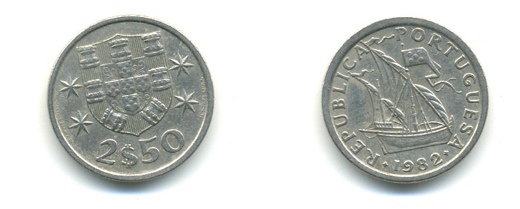 ПОРТУГАЛИЯ 2,5 ЭСКУДО 1982 ПАРУСНИК KM 590 медно-никель 176-211