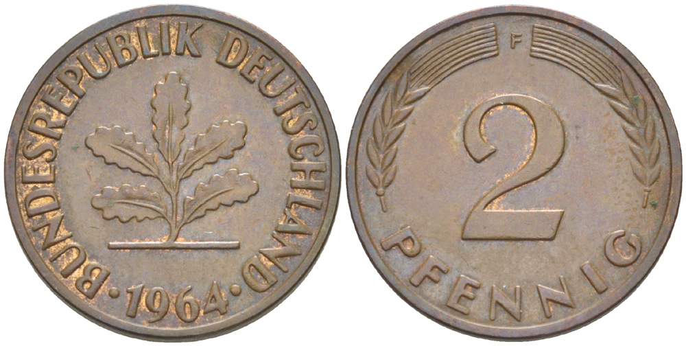 ФРГ 2 ПФЕННИГА 1964 F KM 106, J. 381 бронза 4181-739