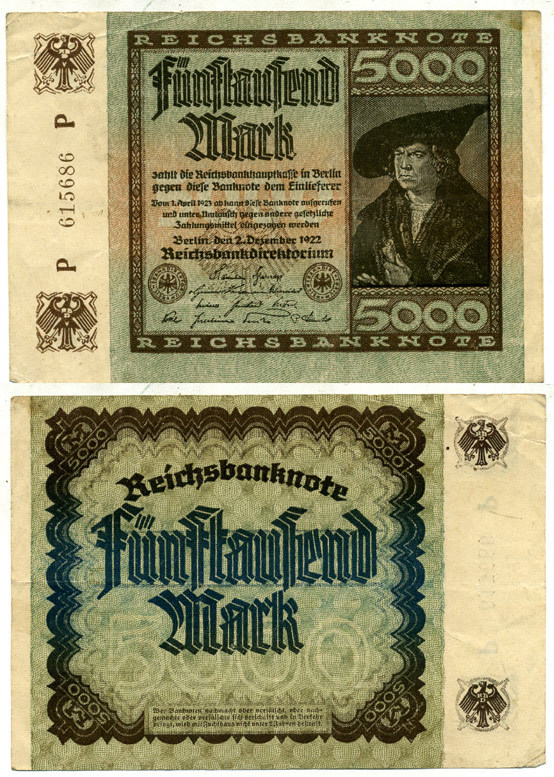 ГЕРМАНИЯ 5000 МАРОК 1922 2 ДЕКАБРЯ 1922, ВОДЯНОЙ ЗНАК Е, В ЗВЁЗДАХ G/D, ДЮРЕР Pick 81а бумага 3295-96-3