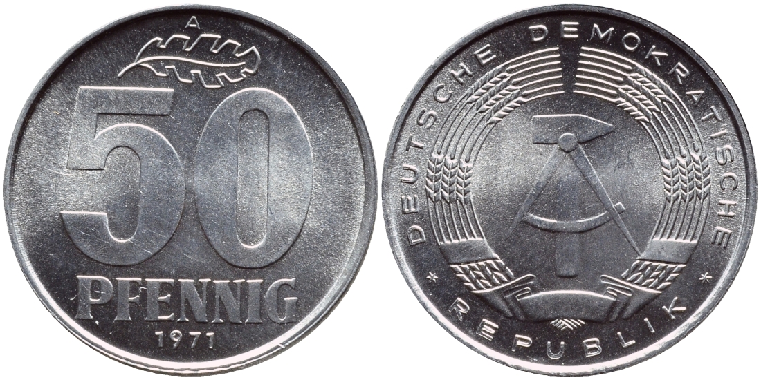 ГДР 50 пфеннигов 1971 A KM 12.2 алюминий UNC 76-1125