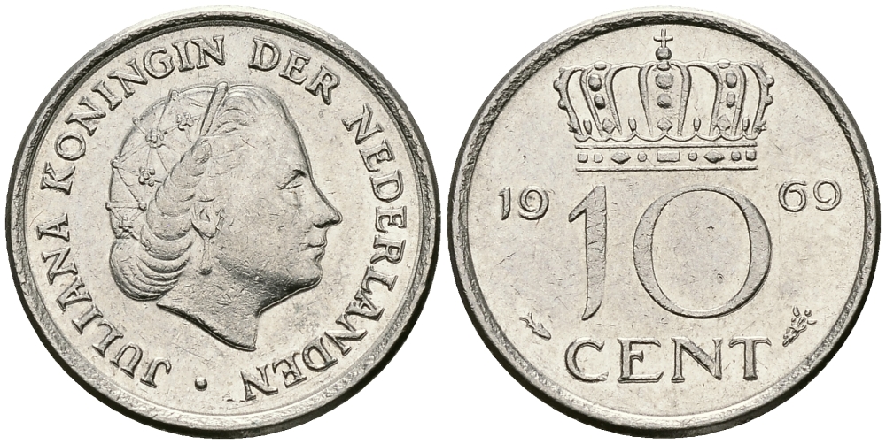Нидерланды 10 центов 1969 Юлиана (1948-1980) KM 182 никель 96-412