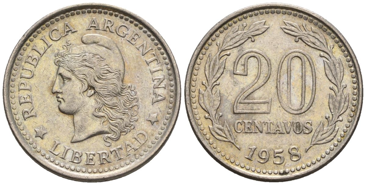 Аргентина 20 сентаво 1958 голова свободы влево KM 55, Schon 55, CJ 264 сталь плакированная никелем    60-953