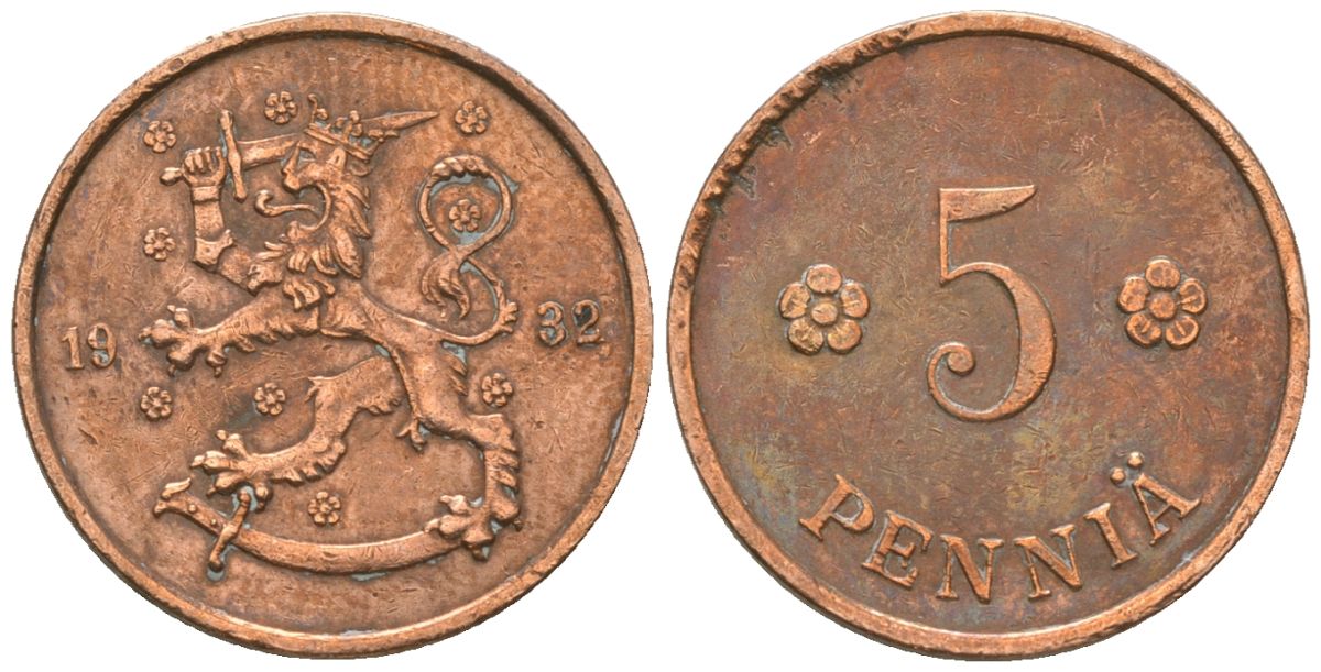 Финляндия 5 пенни 1932 KM 22 медь 4174-415
