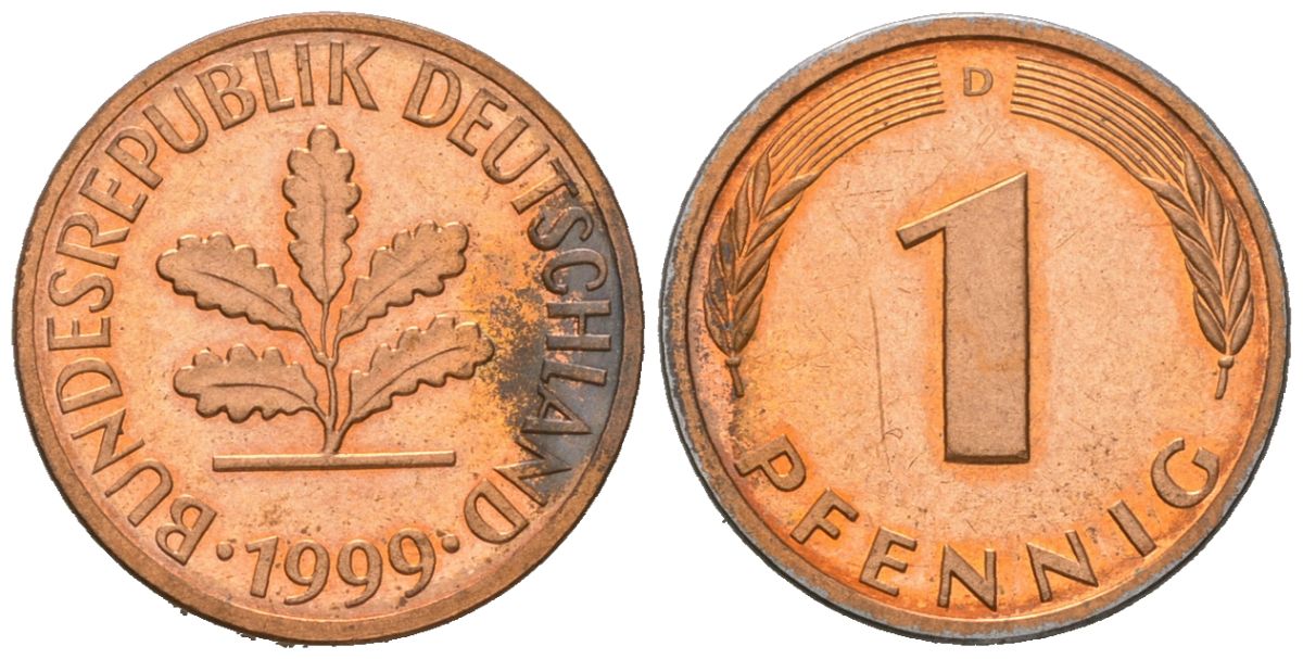 Германия 1 пфенниг 1999 D KM 105 сталь плакированная медью PROOF 4617-948