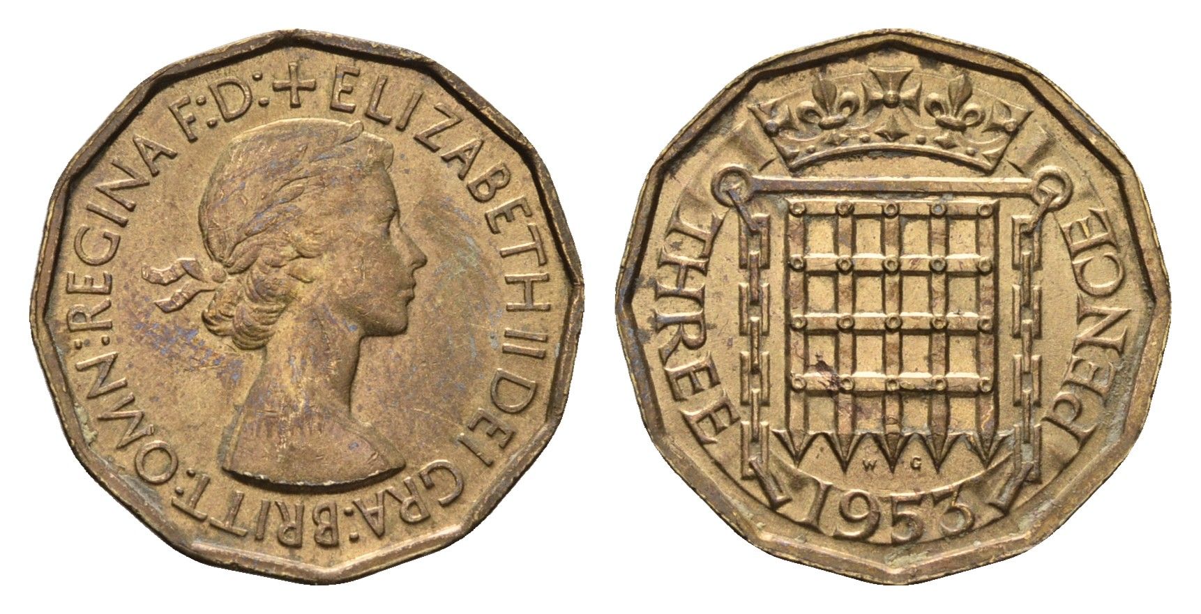 Великобритания 3 пенса 1953 Елизавета II (1952-2022), год-тип KM 886, Spink 4152 никель латунь UNC 4691-632
