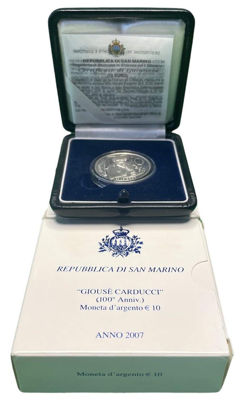 Сан-Марино набор 5 евро + 10 евро 2007 поэт Джозуэ Кардуччи и дирижер Артуро Тосканини, в оригинальной коробке, с сертификатом KM 474, 475 серебро PROOF 1-4-4-02
