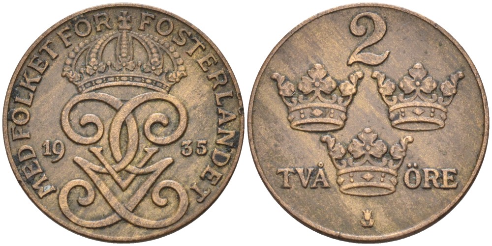 Швеция 2 эре 1935 Густав V (1907-1950) KM 778 бронза 63-1346