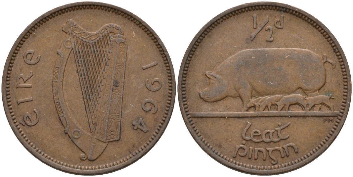 Ирландия 1/2 пенни 1964 свинья с поросятами KM 10 бронза 4146-545