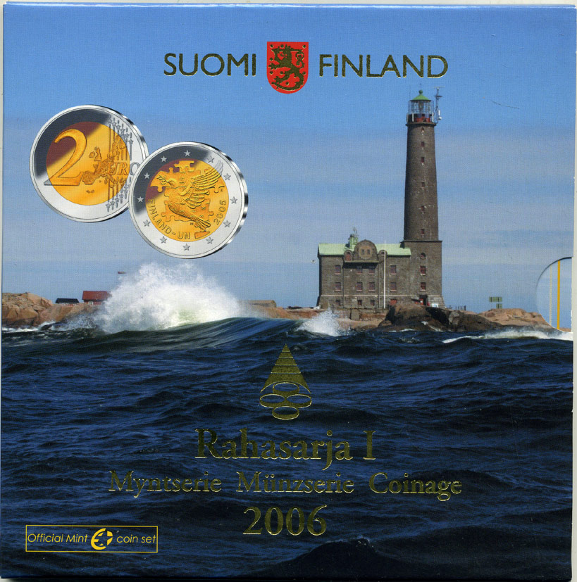 Финляндия евронабор из 8 монет + 2 евро юбилейная 2006 маяки Скандинавии, 60 лет ООН, голубь мира, официальный набор в оригинальном буклете UNC 5-6-2-34