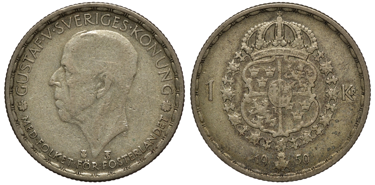 Швеция 1 крона 1950 TS, Густав VI Адольф (1950-1973) KM 814 серебро 4178-547