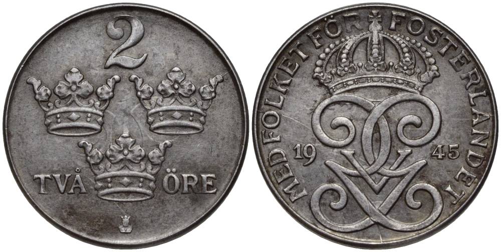 Швеция 2 эре 1945 Густав V (1907-1950) KM 811 железо 27-547