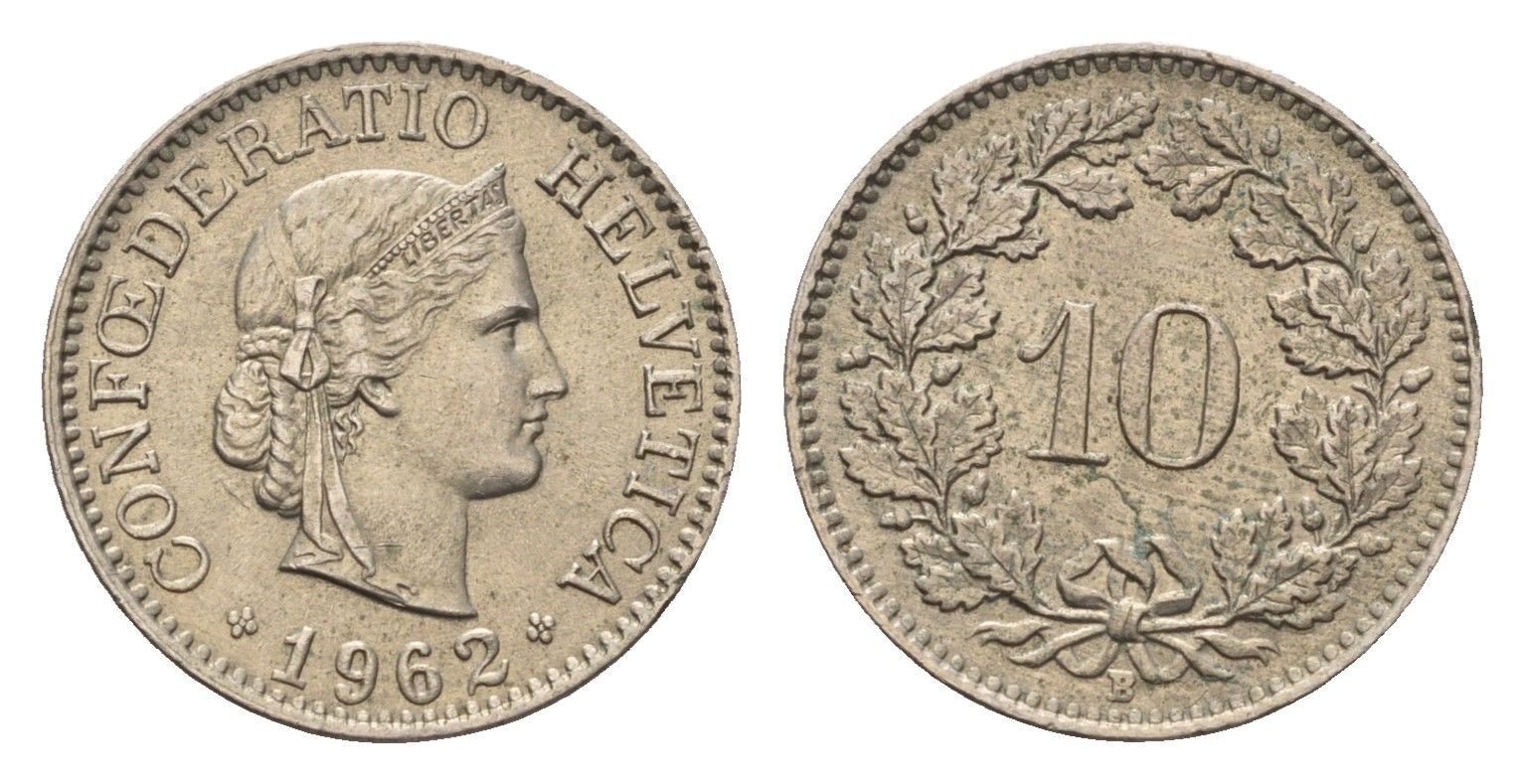 Швейцария 10 раппенов 1962 KM 27 медно-никель 4685-249
