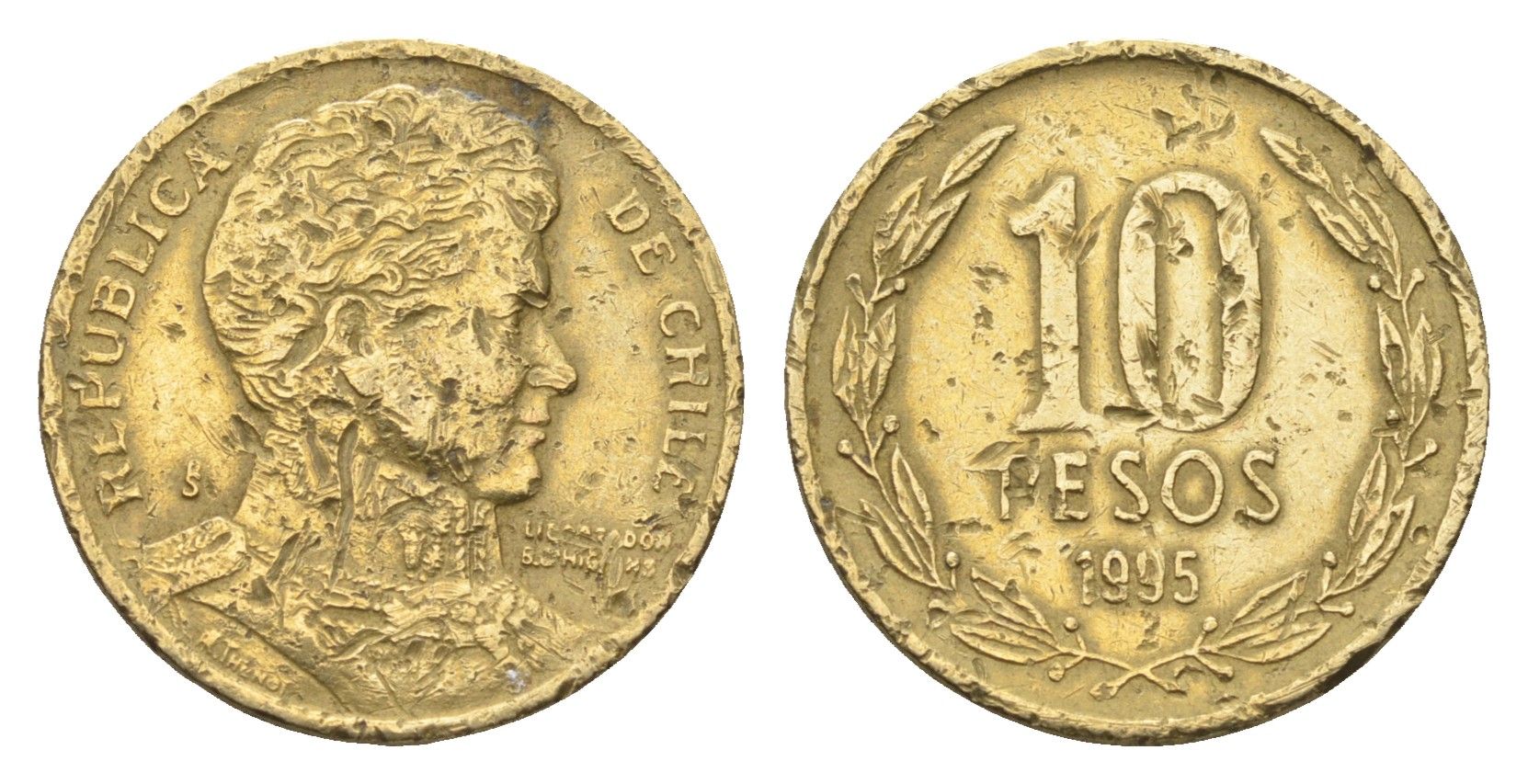 Чили 10 песо 1995 KM 228 никель латунь 4664-431