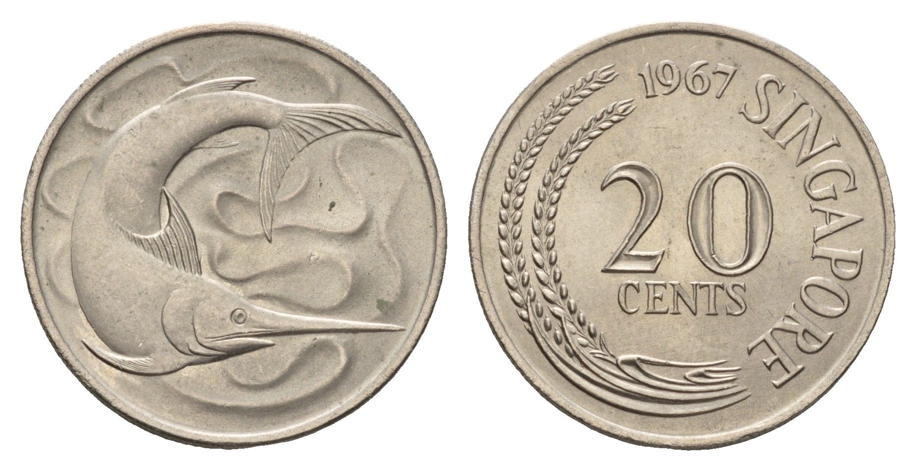 Сингапур 20 центов 1967 голубой марлин, тунец KM 4 медно-никель UNC 4579-1013