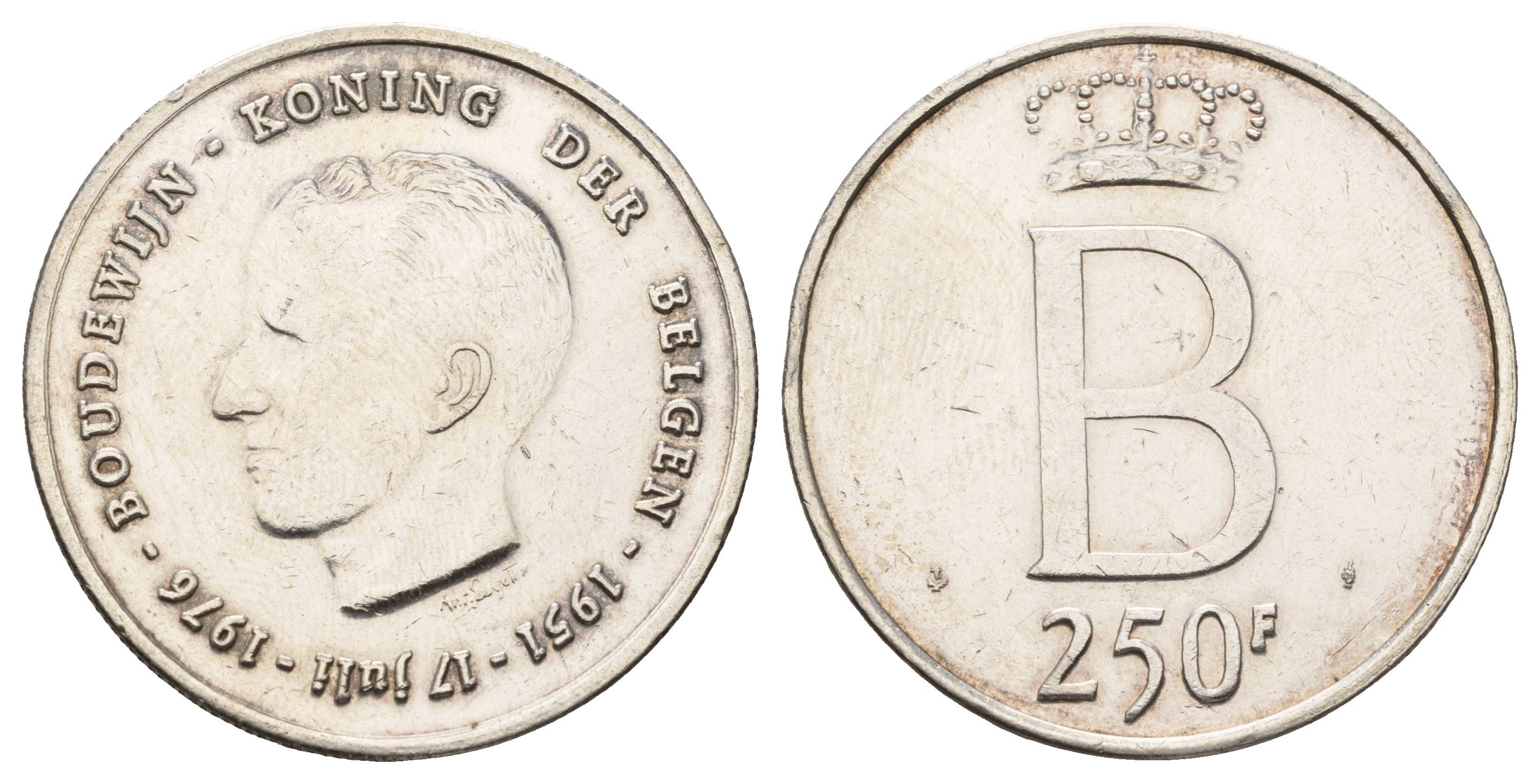 Бельгия 250 франков 1976 25 лет правления Бодуэна I, der Belgen KM 158 серебро 1519-1424